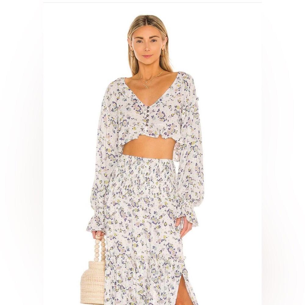 Free People White Floral Tiered Maxi Skirt with Lavender and Green Print
